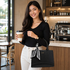 Bag Shoppe Women Black Valendnee Scarf Handle Handbag - Bold Statement Bag for Office, Evening & Special Occasions