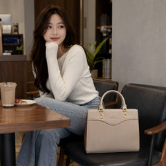 Bag Shoppe Women Beige Valendnee Infinity-Lock Handbag - Refined Elegant Bag for Office, Brunch & Special Occasions