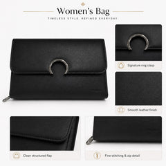 Bag Shoppe Women Black Enigma Arc Ring Flap Sling Bag- Classic Timeless Clutch for Office, Evening & Daily Use