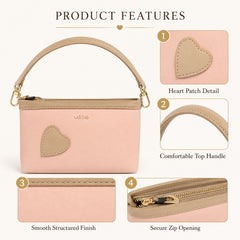 Bag Shoppe Women Pink Lizzie Heart Patch Mini Baguette - Sweet Pastel Mini Bag for Girls, College & Daily Use