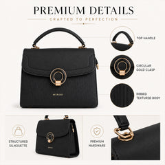 Bag Shoppe Women Black Ettoil Ribbed Ring Clasp Handbag - Modern Textured Bag for Office, Evening & Special Occasions