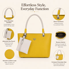 Bag Shoppe Women Yellow Heart-Logo Tote Bag with Pouch - Vibrant Cheerful Tote for College, Shopping & Daily Use