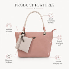 Bag Shoppe Women Pink Heart-Logo Tote Bag with Pouch - Gentle Feminine Tote for College, Brunch & Daily Use
