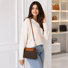 Michael Kors Brown Signature Monogram Crossbody Sling Bag with Adjustable Strap & Gold Charm