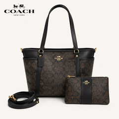 Coach Signature Black Canvas Tote Bag for Women with Matching Zip Pouch & Adjustable Shoulder Strap