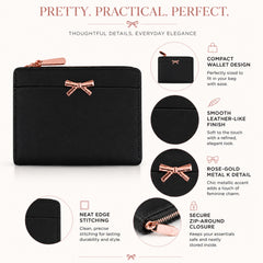 Bag Shoppe Women Black Bow Detail Mini Wallet - Chic Compact Wallet for Office, Shopping & Daily Use