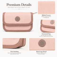 Bag Shoppe Women Pink BB Ribbed Flap Sling Bag - Pretty Feminine Sling for College, Brunch & Daily Use