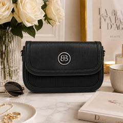 Bag Shoppe Women Black BB Ribbed Crossbody Bag - Sleek Classic Sling for Office, Travel & Daily Use