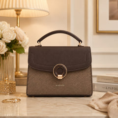 Bag Shoppe Women Brown Ettoil Canvas Ring Clasp Handbag - Artisan Textured Bag for Office, Travel & Special Occasions