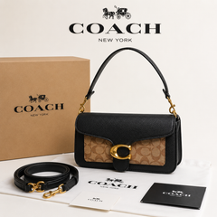 Coach Tabby Signature Canvas & Pebble Leather Shoulder Bag for Women | Black & Khaki | Premium Crossbody Sling with Detachable Strap