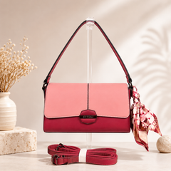 Premium Dual-Tone Women’s Sling Bag with Detachable Strap & Scarf Charm – Pink & Wine Red