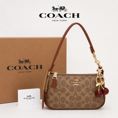 Coach Signature Canvas Mini Shoulder Bag with Detachable Crossbody Strap & Cherry Charm – Brown