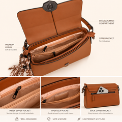 Premium Two-Tone Shoulder Bag for Women | Elegant PU Leather Handbag with Detachable Sling Strap & Silk Scarf | Beige & Brown