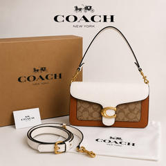 Coach Tabby Inspired Premium Leather Shoulder & Sling Bag for Women | White & Tan | Detachable Long Strap | Magnetic Flap Closure