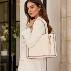 Bag Shoppe Zivaracharm Beige Handbag - Structured Box Tote Bag for Women with Gold-Tone Charm