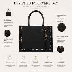 Bag Shoppe Zivaracharm Black Handbag - Structured Box Tote Bag for Women with Gold-Tone Charm