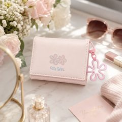 Bag Shoppe Women Baby Pink Cute Girl Wallet – Compact Mini Wallet with Flower Charm