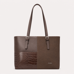 Bag Shoppe Women Brown Handbag – Spacious Tote Bag with Croc-Embossed Panel & Long Handles