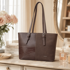 Bag Shoppe Women Brown Handbag – Spacious Tote Bag with Croc-Embossed Panel & Long Handles