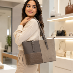 Bag Shoppe Women Taupe Handbag – Spacious Tote Bag with Croc-Embossed Panel & Long Handles