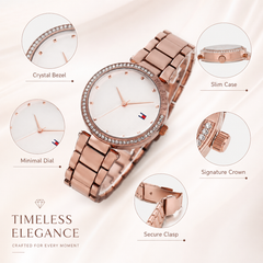 Bag Shoppe Womens Rose Gold Watch - Elegant Crystal Bezel Wrist Watch with Metal Strap