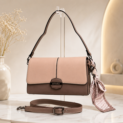 Premium Two-Tone Women’s Shoulder & Sling Bag | Vegan Leather Handbag with Adjustable Strap & Scarf | Beige & Coffee Brown