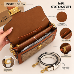 Coach Tabby Inspired Premium Leather Shoulder & Sling Bag for Women | White & Tan | Detachable Long Strap | Magnetic Flap Closure