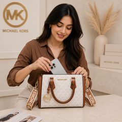 Michael Kors White Signature Monogram Satchel Bag for Women | Premium Top Handle Crossbody Handbag