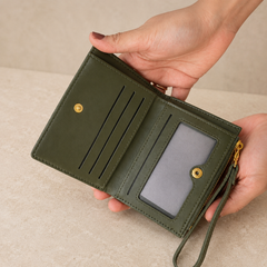 Women’s Dark Green Zip Wallet – Textured Leather Look Card Holder with Wrist Strap