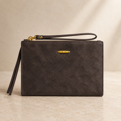 Women’s Brown Green Zip Wallet – Textured Leather Look Card Holder with Wrist Strap