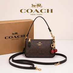 Coach Signature Monogram Mini Shoulder & Crossbody Bag with Cherry Charm – Dark Brown