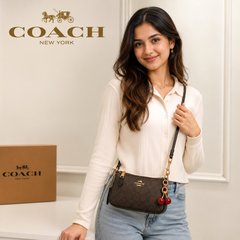 Coach Signature Monogram Mini Shoulder & Crossbody Bag with Cherry Charm – Dark Brown